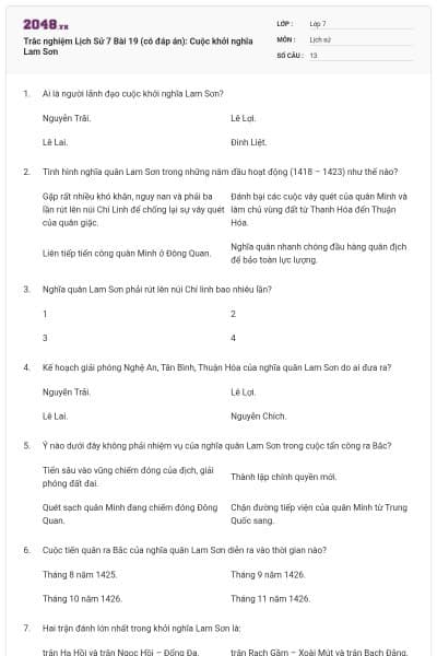 Trắc nghiệm Lịch Sử 7 Bài 19 (có đáp án): Cuộc khởi nghĩa Lam Sơn