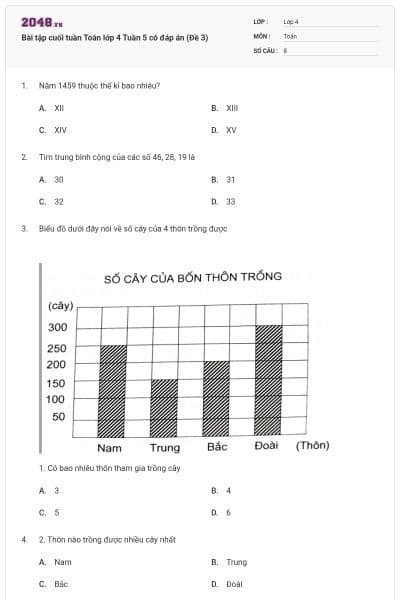 Bài tập cuối tuần Toán lớp 4 Tuần 5 có đáp án (Đề 3)