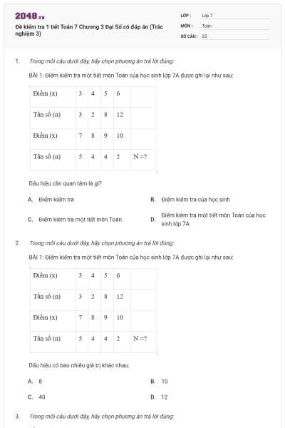 Đề kiểm tra 1 tiết Toán 7 Chương 3 Đại Số có đáp án (Trắc nghiệm 3)