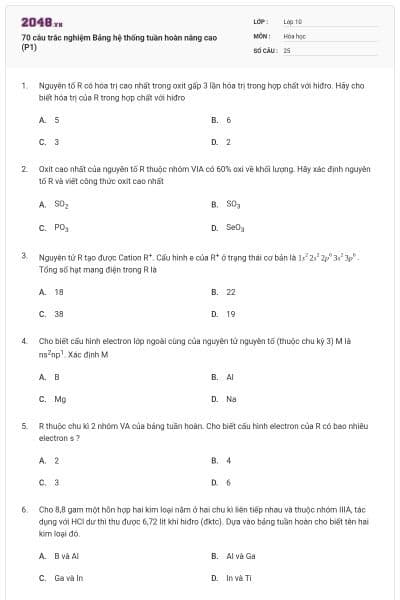 70 câu trắc nghiệm Bảng hệ thống tuần hoàn nâng cao (P1)