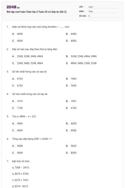 Bài tập cuối tuần Toán lớp 3 Tuần 20 có đáp án (Đề 2)