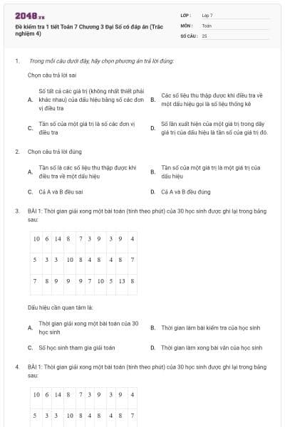 Đề kiểm tra 1 tiết Toán 7 Chương 3 Đại Số có đáp án (Trắc nghiệm 4)