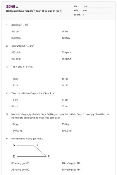 Bài tập cuối tuần Toán lớp 4 Tuần 10 có đáp án (Đề 1)