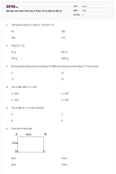 Bài tập cuối tuần Toán lớp 4 Tuần 10 có đáp án (Đề 2)