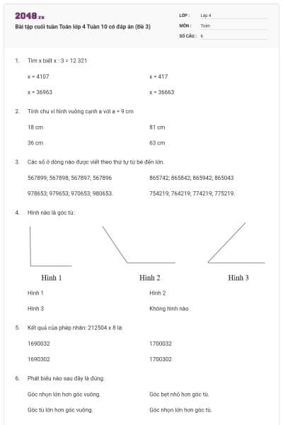 Bài tập cuối tuần Toán lớp 4 Tuần 10 có đáp án (Đề 3)