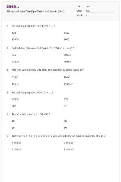 Bài tập cuối tuần Toán lớp 4 Tuần 11 có đáp án (Đề 1)