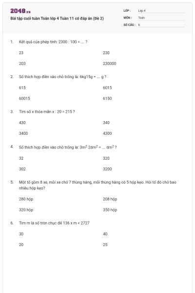 Bài tập cuối tuần Toán lớp 4 Tuần 11 có đáp án (Đề 2)