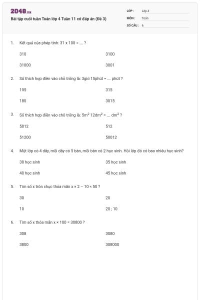 Bài tập cuối tuần Toán lớp 4 Tuần 11 có đáp án (Đề 3)