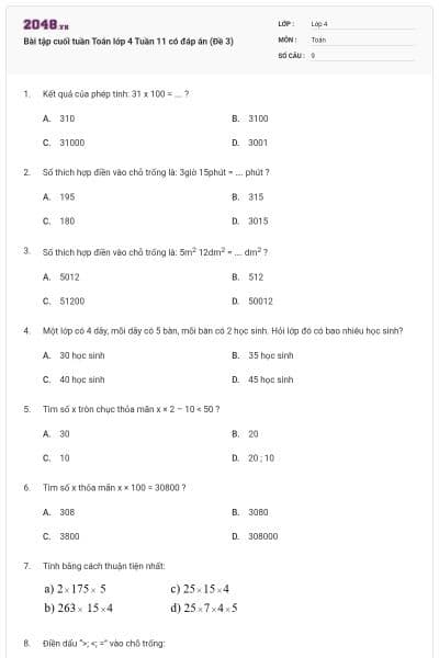 Bài tập cuối tuần Toán lớp 4 Tuần 11 có đáp án (Đề 3)