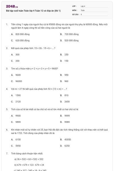 Bài tập cuối tuần Toán lớp 4 Tuần 12 có đáp án (Đề 1)
