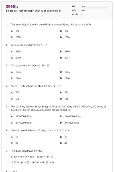 Bài tập cuối tuần Toán lớp 4 Tuần 12 có đáp án (Đề 3)