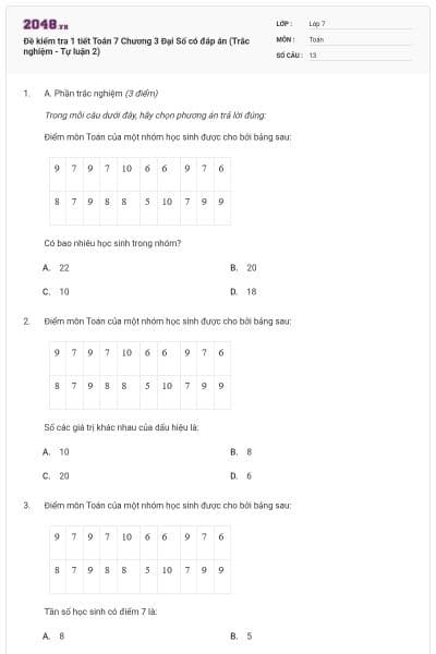 Đề kiểm tra 1 tiết Toán 7 Chương 3 Đại Số có đáp án (Trắc nghiệm - Tự luận 2)