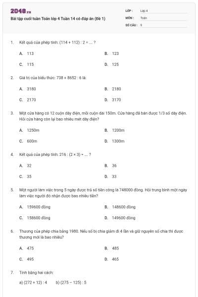 Bài tập cuối tuần Toán lớp 4 Tuần 14 có đáp án (Đề 1)