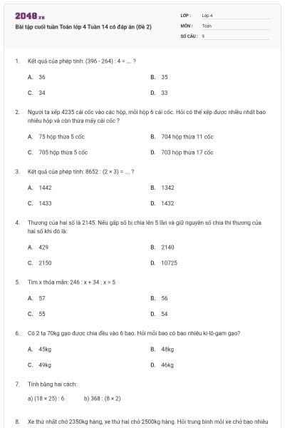 Bài tập cuối tuần Toán lớp 4 Tuần 14 có đáp án (Đề 2)