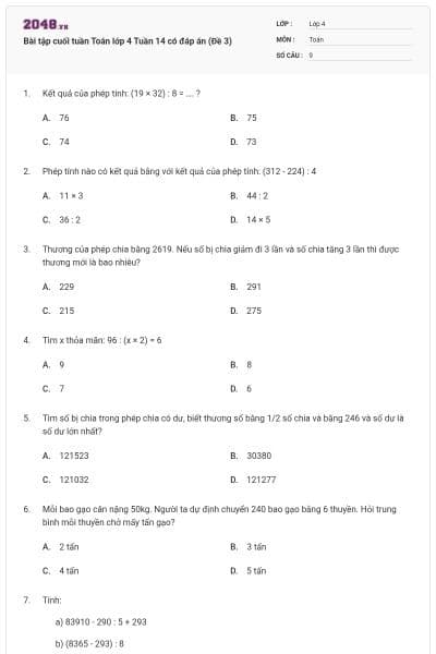 Bài tập cuối tuần Toán lớp 4 Tuần 14 có đáp án (Đề 3)