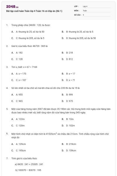Bài tập cuối tuần Toán lớp 4 Tuần 16 có đáp án (Đề 1)