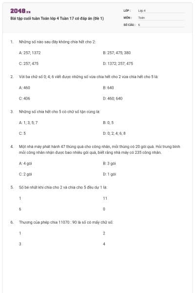 Bài tập cuối tuần Toán lớp 4 Tuần 17 có đáp án (Đề 1)