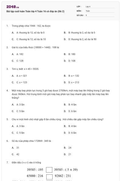 Bài tập cuối tuần Toán lớp 4 Tuần 16 có đáp án (Đề 2)