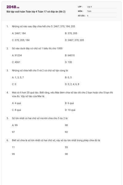 Bài tập cuối tuần Toán lớp 4 Tuần 17 có đáp án (Đề 2)