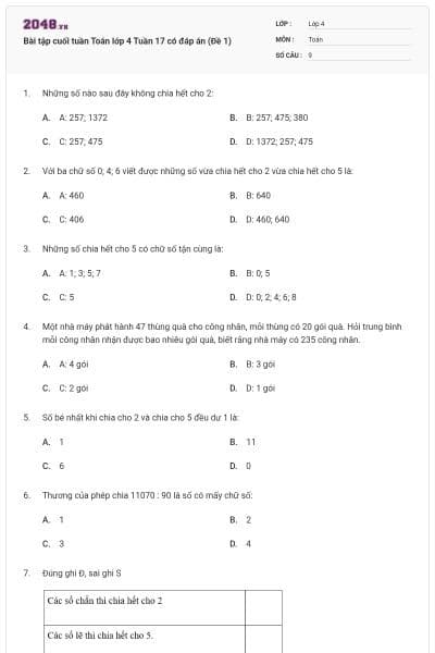 Bài tập cuối tuần Toán lớp 4 Tuần 17 có đáp án (Đề 1)