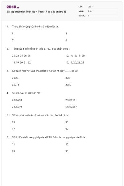 Bài tập cuối tuần Toán lớp 4 Tuần 17 có đáp án (Đề 3)