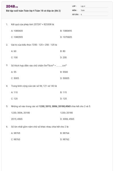 Bài tập cuối tuần Toán lớp 4 Tuần 18 có đáp án (Đề 2)