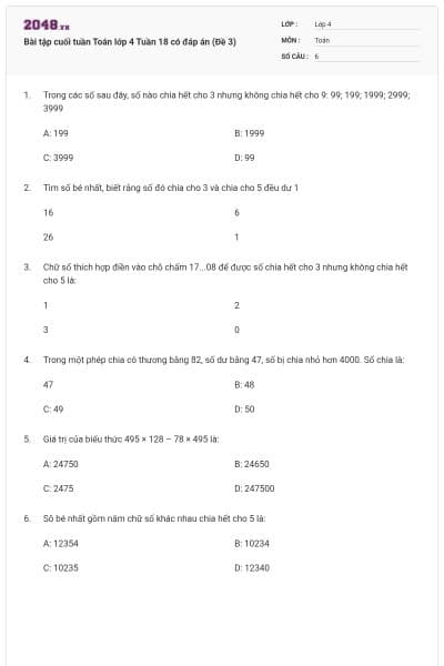 Bài tập cuối tuần Toán lớp 4 Tuần 18 có đáp án (Đề 3)