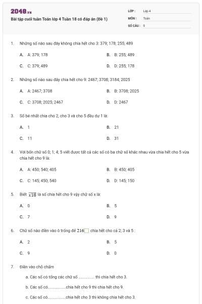 Bài tập cuối tuần Toán lớp 4 Tuần 18 có đáp án (Đề 1)
