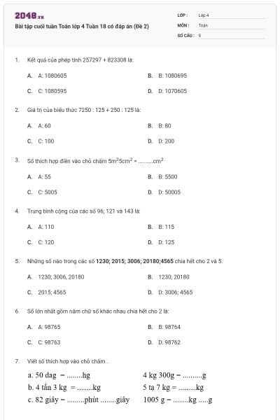 Bài tập cuối tuần Toán lớp 4 Tuần 18 có đáp án (Đề 2)