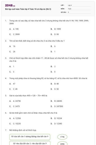 Bài tập cuối tuần Toán lớp 4 Tuần 18 có đáp án (Đề 3)