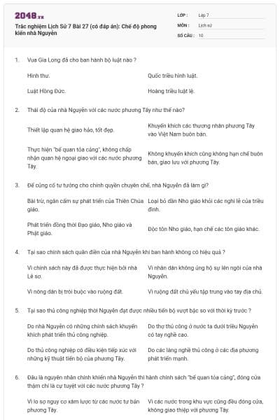 Trắc nghiệm Lịch Sử 7 Bài 27 (có đáp án): Chế độ phong kiến nhà Nguyễn