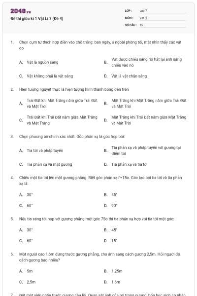 Đề thi giữa kì 1 Vật Lí 7 (Đề 4)