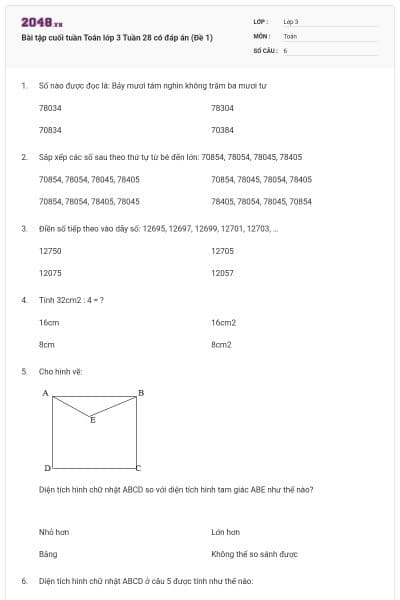 Bài tập cuối tuần Toán lớp 3 Tuần 28 có đáp án (Đề 1)