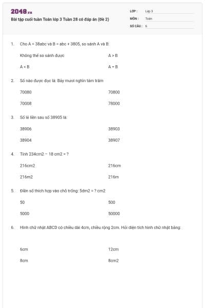 Bài tập cuối tuần Toán lớp 3 Tuần 28 có đáp án (Đề 2)