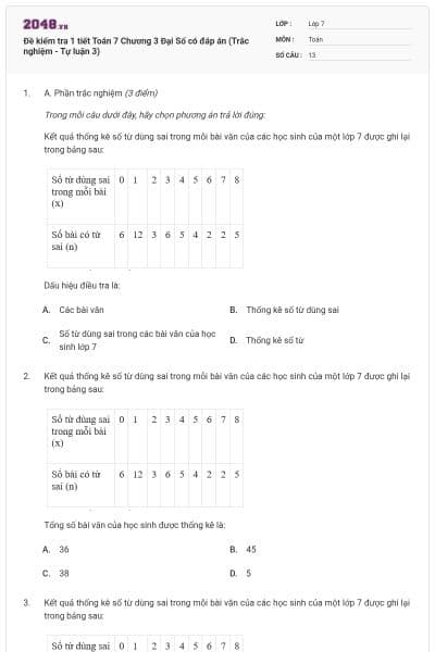 Đề kiểm tra 1 tiết Toán 7 Chương 3 Đại Số có đáp án (Trắc nghiệm - Tự luận 3)