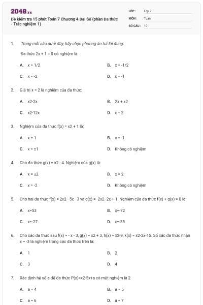 Đề kiểm tra 15 phút Toán 7 Chương 4 Đại Số (phần Đa thức - Trắc nghiệm 1)