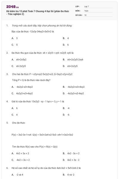 Đề kiểm tra 15 phút Toán 7 Chương 4 Đại Số (phần Đa thức - Trắc nghiệm 2)