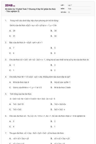 Đề kiểm tra 15 phút Toán 7 Chương 4 Đại Số (phần Đa thức - Trắc nghiệm 3)