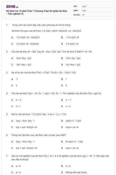 Đề kiểm tra 15 phút Toán 7 Chương 4 Đại Số (phần Đa thức - Trắc nghiệm 4)