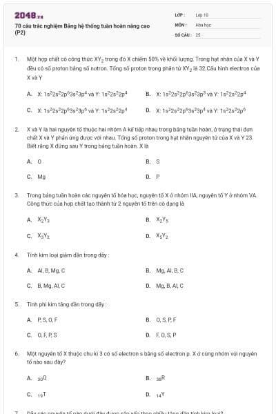 70 câu trắc nghiệm Bảng hệ thống tuần hoàn nâng cao (P2)