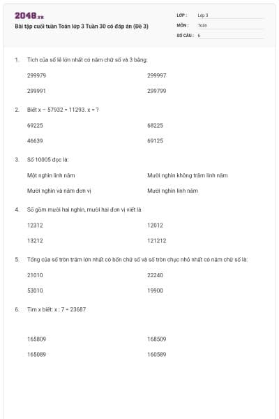 Bài tập cuối tuần Toán lớp 3 Tuần 30 có đáp án (Đề 3)