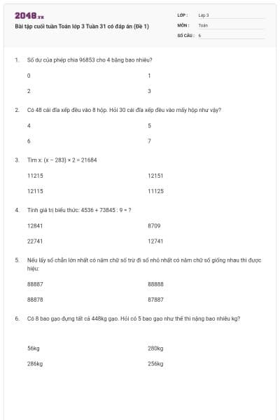 Bài tập cuối tuần Toán lớp 3 Tuần 31 có đáp án (Đề 1)