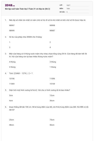 Bài tập cuối tuần Toán lớp 3 Tuần 31 có đáp án (Đề 2)