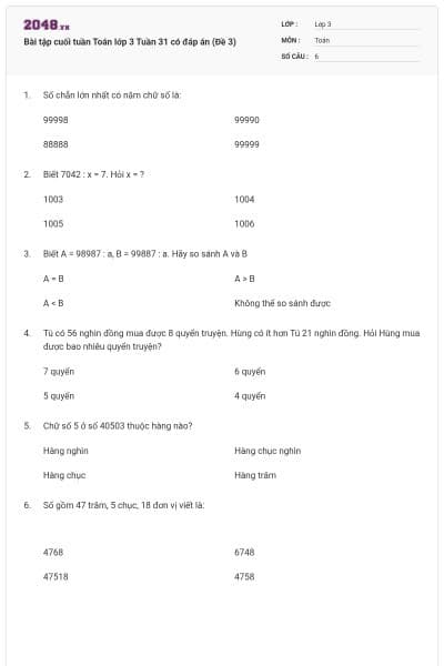 Bài tập cuối tuần Toán lớp 3 Tuần 31 có đáp án (Đề 3)