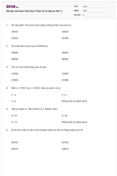 Bài tập cuối tuần Toán lớp 3 Tuần 32 có đáp án (Đề 1)