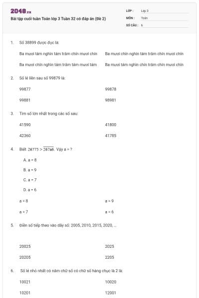 Bài tập cuối tuần Toán lớp 3 Tuần 32 có đáp án (Đề 2)