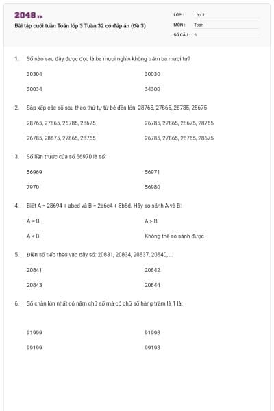 Bài tập cuối tuần Toán lớp 3 Tuần 32 có đáp án (Đề 3)