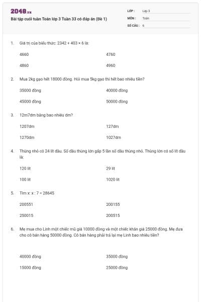 Bài tập cuối tuần Toán lớp 3 Tuần 33 có đáp án (Đề 1)