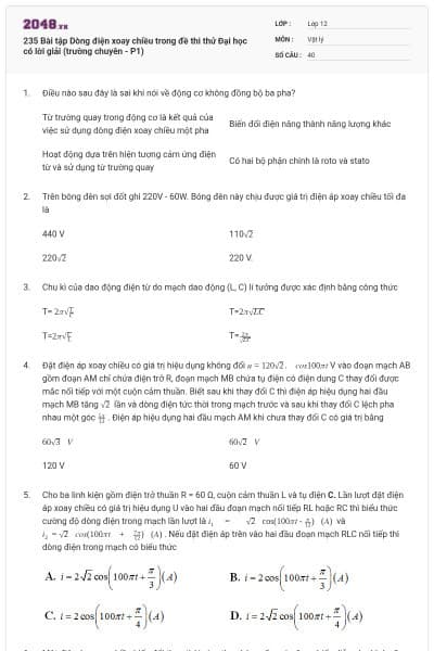 235 Bài tập Dòng điện xoay chiều trong đề thi thử Đại học có lời giải (trường chuyên - P1)