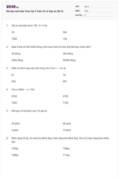 Bài tập cuối tuần Toán lớp 3 Tuần 33 có đáp án (Đề 3)